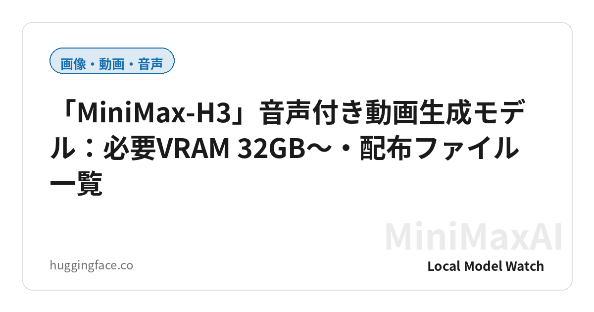 「MiniMax-H3」音声付き動画生成モデル:必要VRAM 32GB〜・配布ファイル一覧