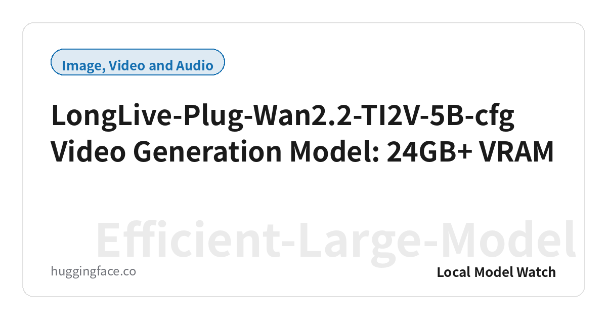 LongLive-Plug-Wan2.2-TI2V-5B-cfg Video Generation Model: 24GB+ VRAM