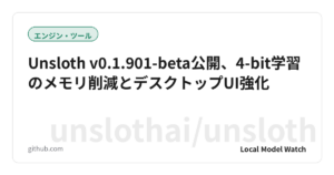 Unsloth v0.1.901-beta公開、4-bit学習のメモリ削減とデスクトップUI強化
